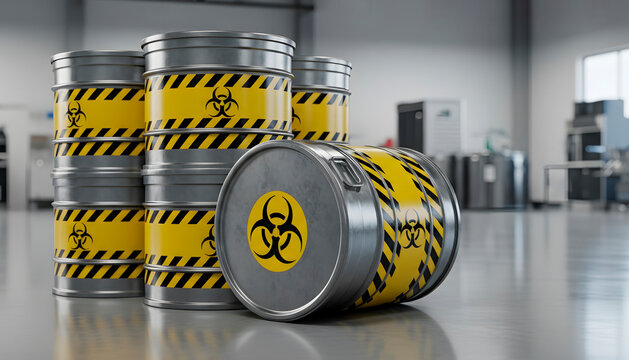 Stack of biohazard barrels with yellow warning signs. Biological danger and chemical waste storage in industrial or scientific facility. Hazardous material.