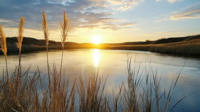 Golden sunrise over calm pond with reed grass reflection and rolling hills at dawn
