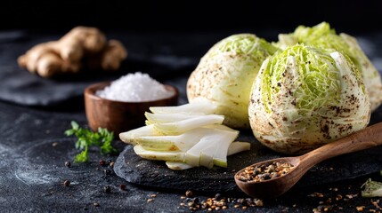 Fresh Green Cabbage Heads with Sliced Fennel Ginger and Seasonings.