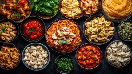 Fototapeta premium The variety of Italian dishes, brightly decorated with sauces and herbs, will serve as an appetising backdrop for culinary blogs or restaurant advertisements.