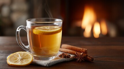 Stirred with care, a warm hot toddy sits invitingly on a rustic table. Slices of lemon and aromatic spices enhance the comforting atmosphere of a cozy winter evening by the glowing fireplace