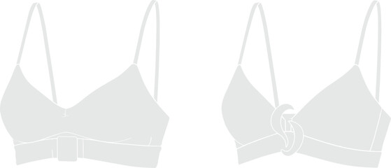 Minimalist vector illustration of women’s bralette tops featuring elegant straps, smooth contours, subtle hardware accents, and modern fashion garment design elements.