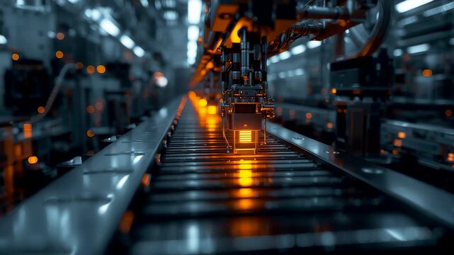Automated Industrial Conveyor Belt System with Robotic Arms in Modern Factory Production Line