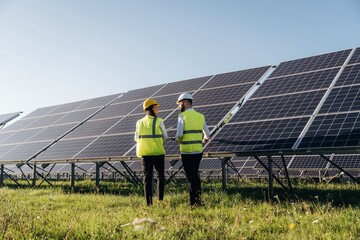 Examining the surface. Two solar engineers standing together at a photovoltaic field, in bright...