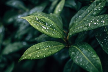 Fresh Green Leaves Adorned with Sparkling Dew Drops in Nature.