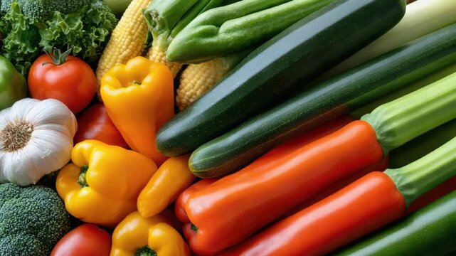 Fresh colorful vegetables assortment with bell pepper zucchini corn tomato garlic broccoli vibrant