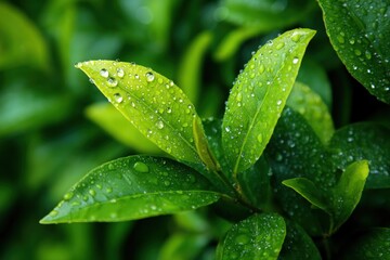 Fresh Green Leaves Covered in Dew Drops After Rain.