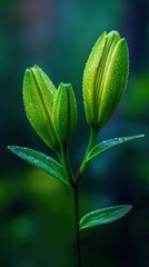 Fresh Green Lily Buds on Stem in Forest Background.