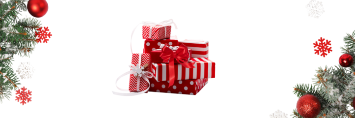 Winter Holiday Gift Box with Evergreen Decor Red Ornaments  Snowflakes on White  Festive Celebration Background Element transparent background