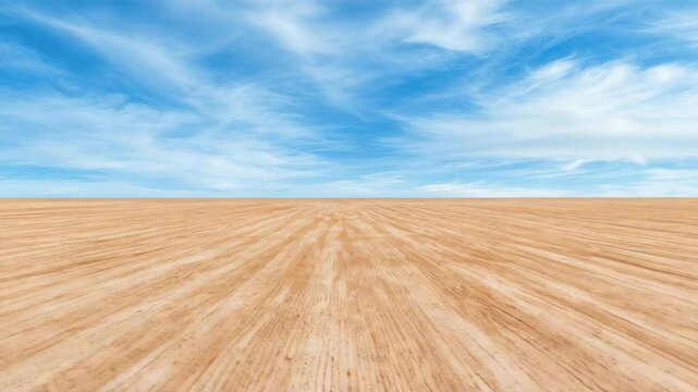 Sandy plain flat landscape expansive sky wispy clouds horizon dry soil serene sunny empty desert