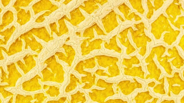 Nahaufnahme einer gelben Melone &uuml;berzogen mit einem Netz aus Adern  mit Drehbewegung