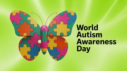 A colorful butterfly made of puzzle pieces, symbolizing World Autism Awareness Day, set against a vibrant green background.