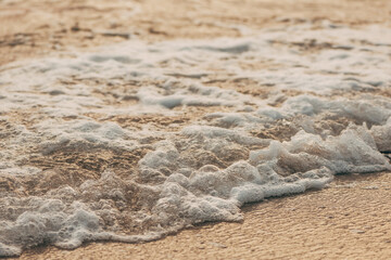 Sea foam bubbles wash over golden sand at sunset. Close-up macro detail of foamy wave texture, warm lighting and natural patterns perfect for backgrounds, textures, or design elements.