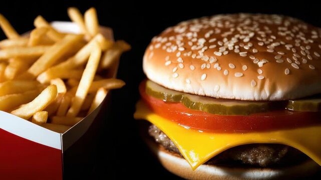 Cheeseburger with sesame bun cheddar cheese tomato slice pickle slice and french fry appetizing