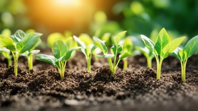 Young plant seedling sprout soil sunlight growth nurturing row moist soil with warm sunlight