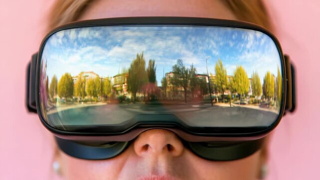 Virtual reality headset reflection of autumn park and urban buildings in daylight scene