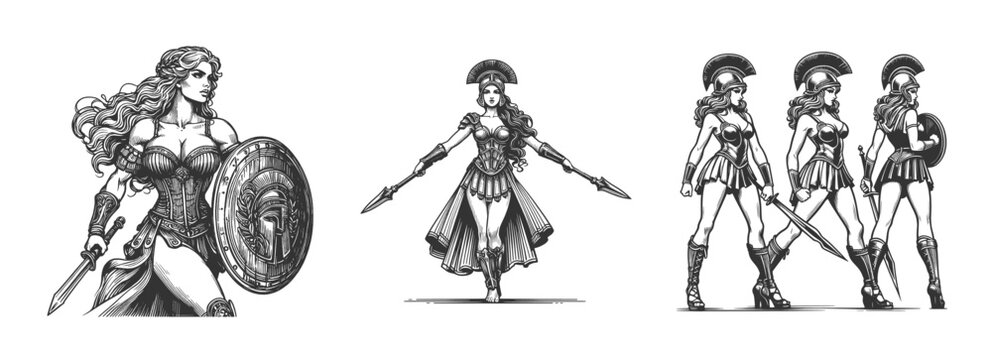 female warriors in Greek or Roman-style armor, wielding swords, shields, and spears in dramatic Set collection bundle sketch engraving generative ai vector illustration. Scratch board imitation. 