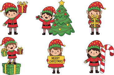 Festive Cartoon Christmas Elves Celebrating with Gifts, Candy Canes, Holly, and Tree – Holiday Clipart for Seasonal Design Projects