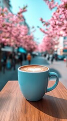 A blue coffee cup with a white foam on top sits on a wooden table in front of a tree. The scene is peaceful and serene, with the tree providing a beautiful backdrop