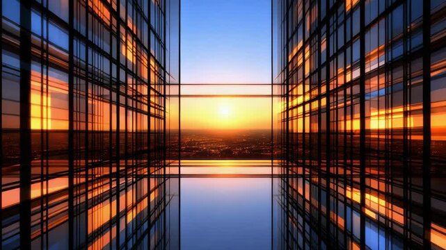 Modern glass corridor framing glowing sunset over cityscape with reflective glass towers