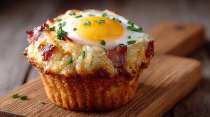A breakfast muffin sits on a wooden board, topped with a sunny side up egg and herbs. This dish is ideal for starting the day with a tasty meal in a warm kitchen