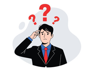 Vector illustration of a confused businessman with question marks above his head thinking deeply about a problem