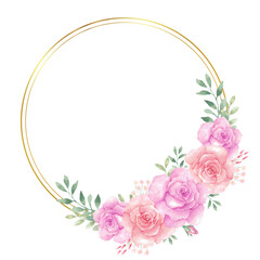 Watercolor flower wreath with gold circle frame.
