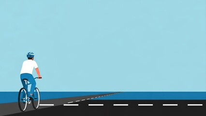 Man cycling on a road with a clear blue sky and ocean in the background.