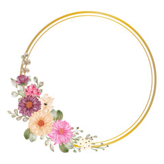 Watercolor flower wreath with gold circle frame.
