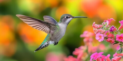Obraz premium Hummingbird flying and approaching colorful flower in a garden
