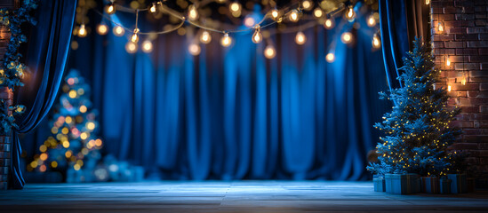 blue stage curtain with christmas concept