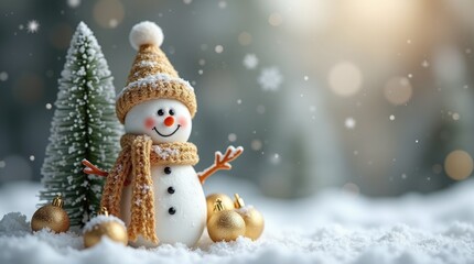 Fototapeta premium Cheerful snowman wearing a knitted hat and scarf stands beside a small evergreen tree, surrounded by golden ornaments in a snowy winter landscape