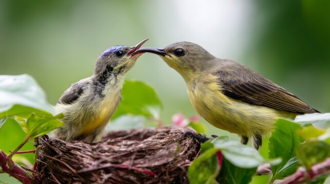 A female purple sunbird gently feeds her hungry chick in a cozy nest, surrounded by vibrant green leaves. The moment captures the beauty of nurturing in nature