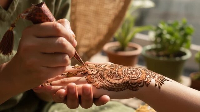 Henna Artist Applying Mehndi Design on Hand with Cone, Traditional Body Art Process Close Up