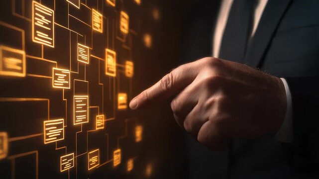 Businessman pointing glowing digital flowchart interface touchscreen diagram for business