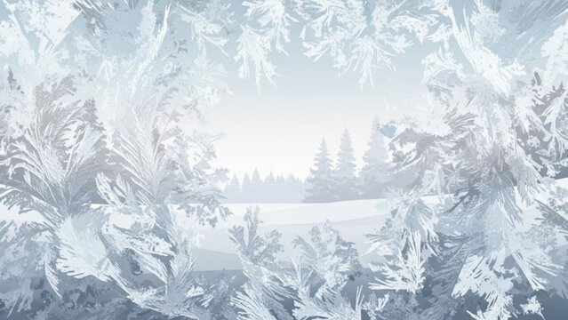 A frosty winter landscape with snow covered pine trees in soft blue and white hues serene natural scenery with frozen foliage and distant evergreen forest