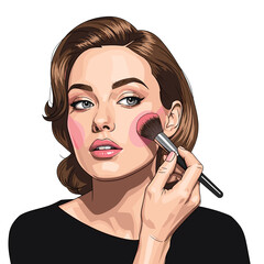 Woman applying blush with makeup brush on white background  
