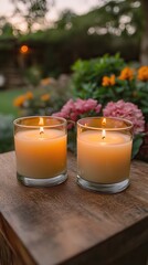 Two candles are lit on a wooden table, creating a warm and cozy atmosphere. The candles are placed close to each other, with their flames flickering in the gentle breeze. The wooden table is smooth