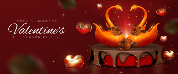 Happy Valentine's Day banner with 3D realistic couple swans forming a heart shape on chocolate cake podium. Luxury background design concept for holiday event. Vector illustration. © witsanu