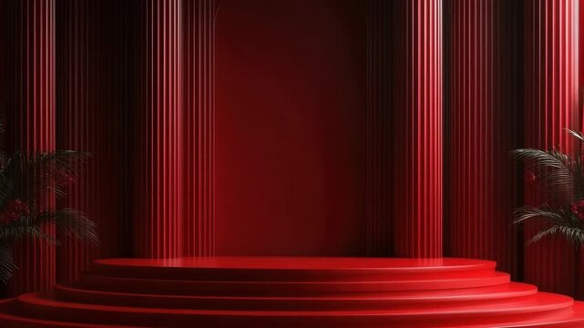 This design concept showcases an empty podium stage set up for a Valentine's Day event. The red ambiance and rose petals create a romantic atmosphere ideal for celebrations, gifts, and proposals