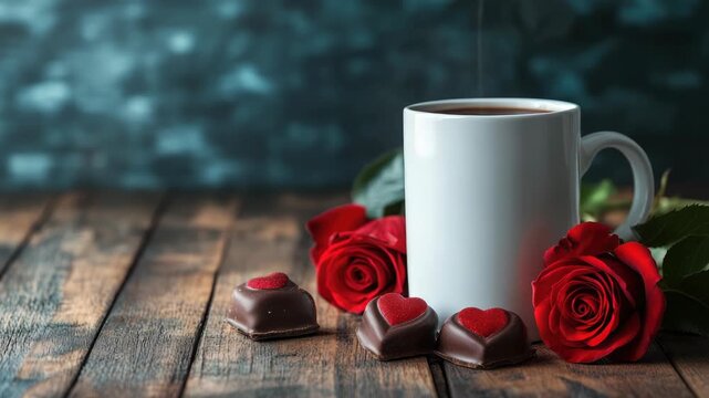 A blank white mug is positioned among red roses and chocolates, offering a charming setup for Valentine's Day themed designs and gifts. Ideal for displaying personalized messages or artwork