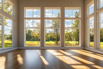Bright empty room interior with panoramic windows, offering a countryside view, perfect for creating personalized designs, Generative AI