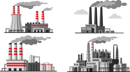 Obraz premium Stylized Industrial Factory Illustrations with Smoke Emissions – Depicting Air Pollution, Energy Production, and Environmental Impact Themes