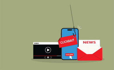 Clickbait message.Clickbait concept with smartphone and fishing hook on message
