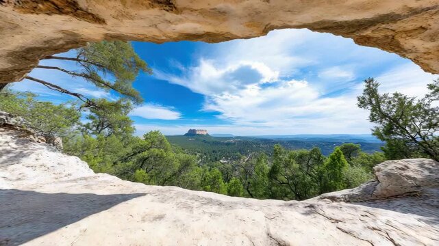Scenic sandstone cave opening framing distant mesa over forested valley dramatic blue sky with