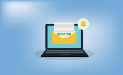 Laptop with a bell notification and verify mail. .Reminder on desktop. New message notification
