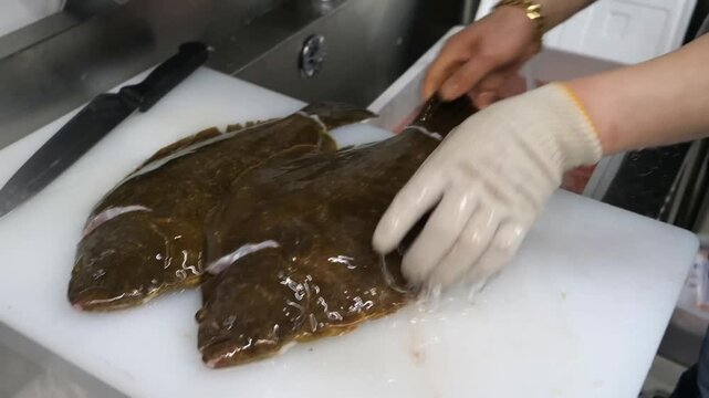 A person wearing a glove meticulously cleans a large, dark-colored flat fish in a white plastic container, with clear running water cascading over the fish to prepare it for cooking.