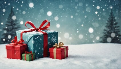 Christmas gift boxes on snow. Copy space. Xmas illustration