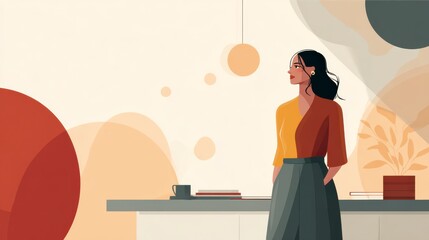Reflective Woman in Modern Office: A poised woman stands, looking outward, with thoughtful expression in a contemporary office setting with soft, abstract shapes adding visual interest.