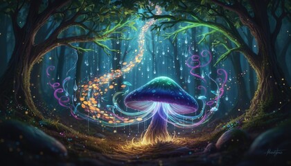 Enchanted forest at night glows with a magical mushroom emitting colorful sparkling lights and ethereal energy streams through dark trees with glowing moss and mystical forest floor illumination